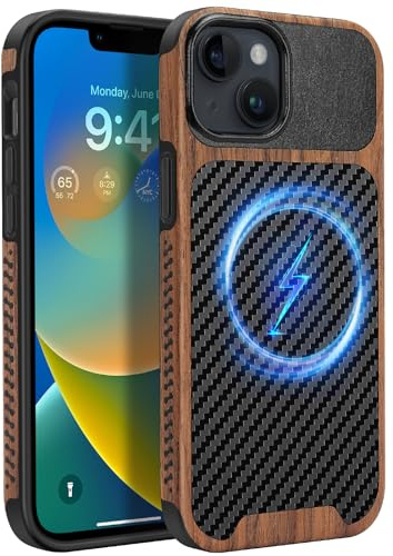 ZZDZZ Magnetisch Hülle für iPhone 14 Hülle [Kompatibel mit MagSafe] Holz und Carbon Leder Design Handyhülle Stoßfest Schutzhülle (Schwarz)