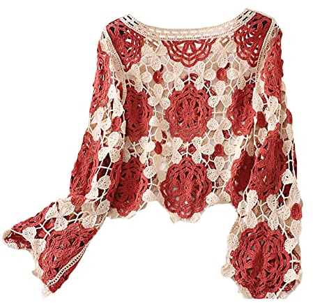 Alaurbeauty Crochet Top da donna a maglia a maniche lunghe Hollow Out all'uncinetto, maglione sexy a maniche lunghe, Y2K, stile vintage, elegante, per donne e ragazze