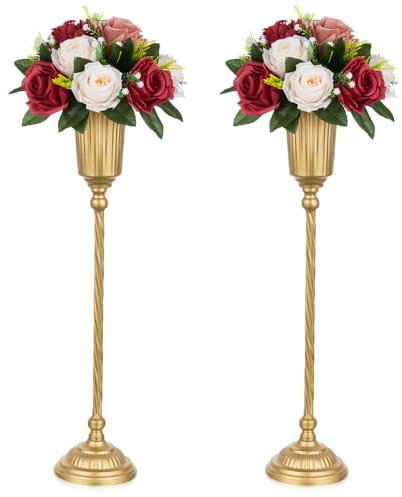 NUPTIO Gold Vase Tafelaufsätze Hochzeit: 2 Stück 57.6cm Hoch Blumenständer Tafelaufsätze Metall Trompete Vasen Geometrische Mittelstücke Display Steht Geburtstag Party Gang Esszimmer Dekoration
