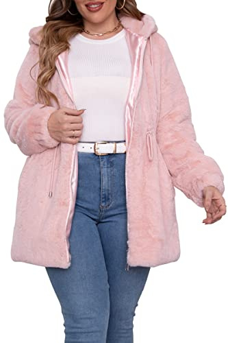 Geschallino Taglie Forti Cappotto da Donna in Pelliccia Sintetica Lungo con Cappuccio Giacca Sherpa Giacca Invernale 2135Plus Rosa 4XL