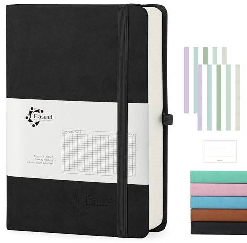 Fasood Notizbuch A5 Kariert, Hardcover Journal Notizbücher mit 320 Seiten, 100g/m² Dickes Papier, Mehrfarbige Registerkarten, Stiftlasche und Dokumententasche, für Schule, Büro (Schwarz)