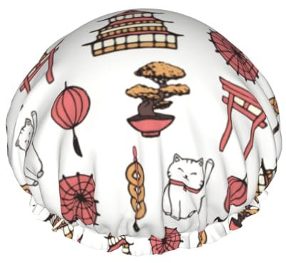 Women Reusable Shower Cap Japanese-Cat-Temple-Bonsai DoubleWaterproof Elastic Band Bath Hair Hat Stretch Hem Hair Hat