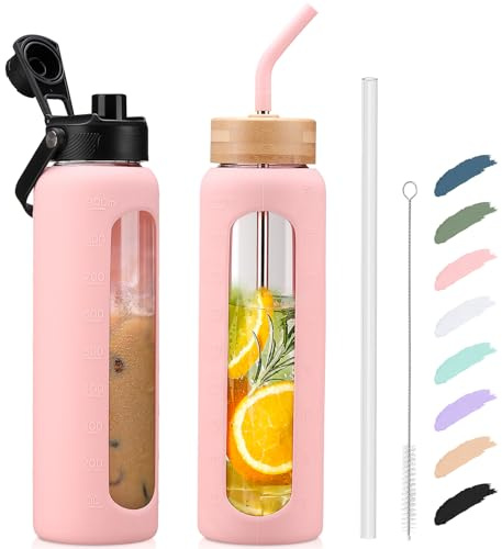 Kodrine 32oz Glass Water Bottle with Straw and 2 Lids, Pink | Bamboo and Spout Lid , Leakproof, with Silicone Sleeve and Time Marker, For Home, Outdoor Sports, BPA Free