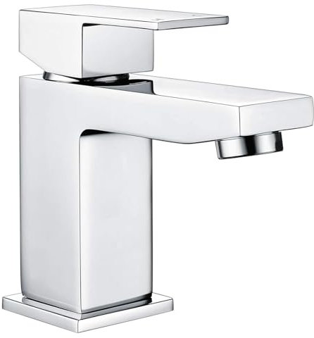Bathroom Sink Taps Mixers Square Basin Taps, Monobloc Basin Mixer Tap 1 Hole Bathroom Taps with Hot and Cold Hoses for Bathroom, Washroom, Cloakroom, Chrome