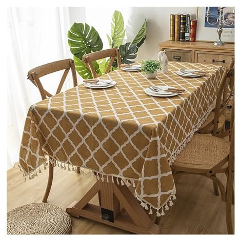 Aotiwe Outdoor Tischdecke Rechteckig, Gartentischdecke für Draußen Rhombus Mit Quaste Tischdecke Moderno Gelb Tischdecke Stehtisch Baumwolle 140x220cm