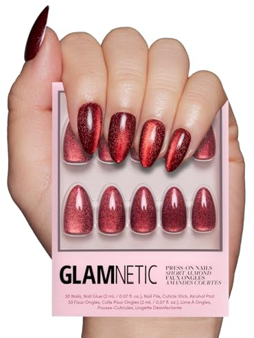 Glamnetic Press On Nails - Ruby Slipper | Deep Red Sparkly Short Almond Fake Nails with a Velvet Finish, Salon Quality | 15 Sizes - 30 Nail Kit with Glue