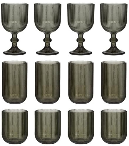 12pc Glassware Set of 4 Wine Glasses, Highball Glasses & Tumblers Dishwasher Safe Mid-Century Modern Style Glass Set Alfresco Dining Ribbed Glasses Gift Set (Grey)