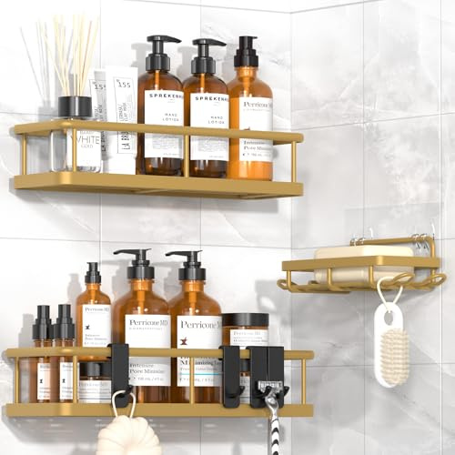 YASONIC Duschablage Ohne Bohren, 3 Stück Rostfreie Badezimmer Organizer, Schnelltrocknender Duschregal Ohne Bohren, Große Kapazität Shampoo Halterung für Dusche mit 2 Haken, Large Gold