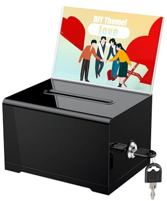 Uniclife Boîte distributrice de collecte de fonds en acrylique noir, 15,7 x 12 x 10,2 cm, boîte à suggestions avec fente et serrure, boîtes de vote en plastique avec support pour tableau, boîte de