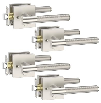 Asidrama 4 Pack Privacy Brushed Satin Nickel Door Handles, Door Lever with Door Knobs Indoor for Bedroom or Bathroom, Brushed Satin Nickel Door Handles Interior with Locks for Left Right Sided Doors