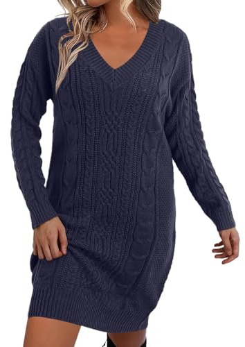 WAZHAKU Robe pull en tricot pour femme - Longue - Col en V - Col en V - Pull long - Pull à manches longues - T-shirt de loisirs - Robe midi confortable - Pull en laine - Pull long, bleu, XXL