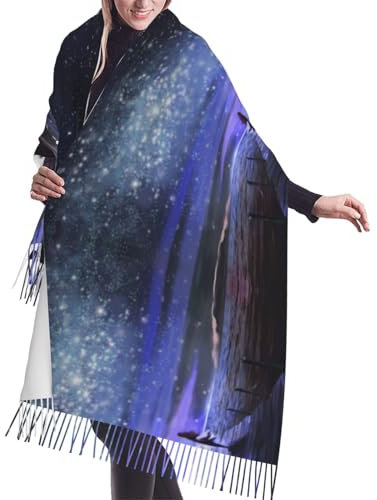 ESNAIUVCD Damenschal mit Sternen-Aufdruck, modischer trendiger Winter-Schal, groß, warm, Kaschmir-Quastenschal, Schwarz , One size