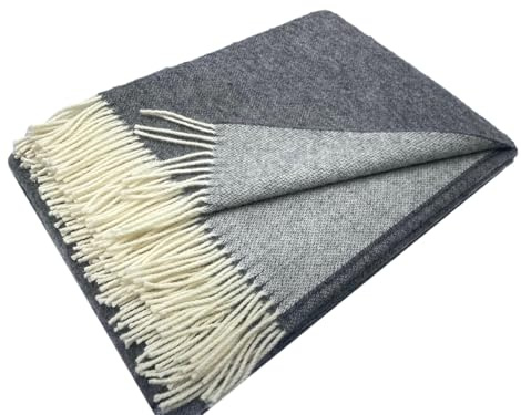 Alpenwolle Wolldecke 140x200cm Neuseeland 100% Wolle aus Neuseeland, Überwurf Plaid mit Fransen (weiß/grau)
