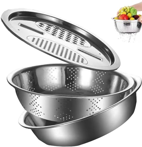 Multifunktionales Edelstahlbecken | 3-teiliges Seiher-Sieb-Set | Multifunktions-Küchenreibe | Edelstahl Schüsselset Zum Käsereiben, Gemüseschneider Und Obstwaschen | Küchenwerkzeuge