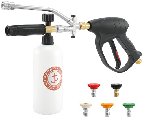 JOEJET Hochdruckreiniger-Pistole und Schaumkanonen-Set, M22-14 mm | 0,6 cm Schnellverbindungs-Doppelstab mit 1 l Flasche und 5 Düsenspitzen, nicht für Gartenschlauch oder Wasserhahn geeignet