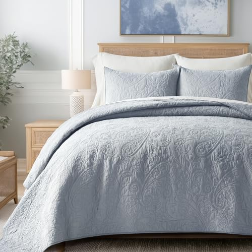 EVERGRACE 100% Cotton Paisley Quilt Set, King Size 3 Piece Set – Prewashed Lightweight Bedspread with 2 Shams, Soft & Breathable Matelasse Coverlet for All-Season Comfort, Pearl Blue