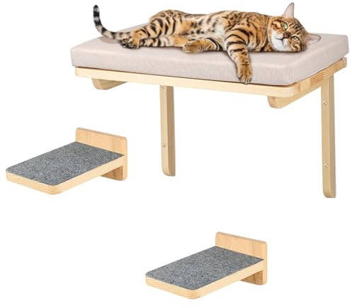 Klettergerüst für Katzen, Wandkorb aus Holz für Katzen, zum Schärfen der Krallen, mit grauem Kissen mit 2 Stufen