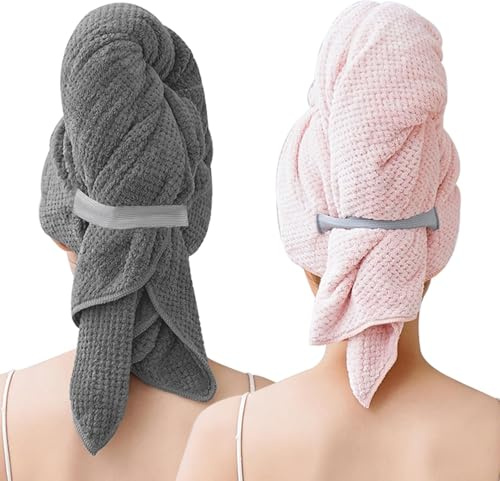 Generisch Mikrofaser Handtuch für Haare, 103 x 60 cm, 2 Stück, Haarturban mit Gummiband, Waffeldesign, Grau & Rosa