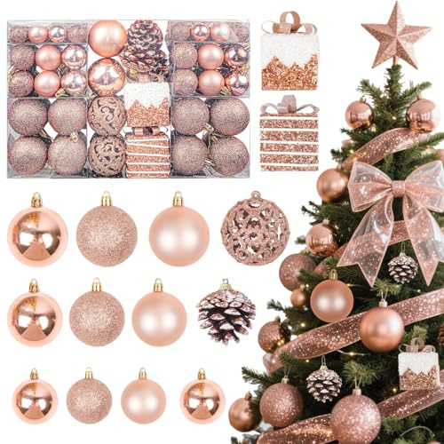 JHWELRG Weihnachtsdeko Weihnachtskugeln 101tlg Set,Roségold Matt,Christbaumkugeln Glitzernden Weihnachtskugeln Kunststoff Set mit Tannenzapfen Weihnachtsbänder für Adventskalender Weihnachts Deko