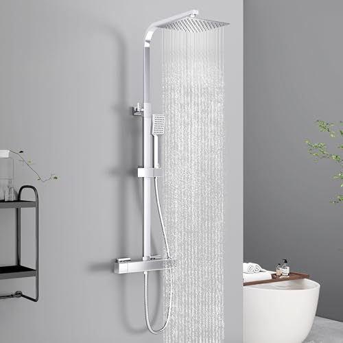 HAPAOSO Colonne de Douche Thermostatique 38 °C, Colonne de Douche Réglable en Hauteur, Ensemble de Pommeau et Douchette pour Salle de Bain (Gris clair)