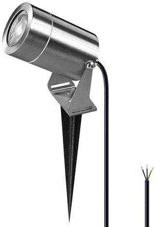 JNR Edelstahl LED Gartenstrahler mit erdspieß IP65 Wasserdicht Gartenleuchte inkl. 5W GU10 3000K Glühbirne 2m Kabel Kein Stecker Gartenbeleuchtung außen für Garten,Wegen, Silber