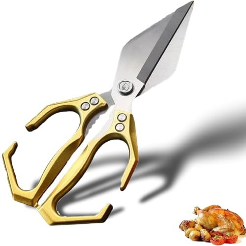 Mehrzweck Küchenschere, Hochleistungs-Küchenschere aus Edelstahl, 2-in-1-Küchenschere für alle Zwecke mit Walnussknacker, Geflügelschere Edelstahl zum Schneiden von Fleisch und Fisch (Gold)