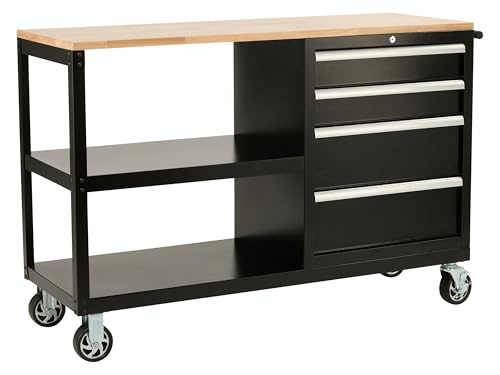 The Workplace Depot Workbench on Wheels – Mobile Workshop Trolley with Locking Drawers, 25mm Hardwood Top, 120mm Casters, Heavy-Duty Black Steel Frame – Ideal for Garages & Workshops