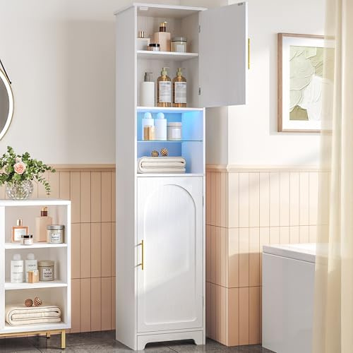 Hzuaneri Tall Bathroom Cabinet with Lights, Slim Bathroom Storage Unit with 2 Doors and Adjustable Shelves, Narrow Storage Unit for Small Spaces, 30 x 40 x 170 cm, White, SC28213X
