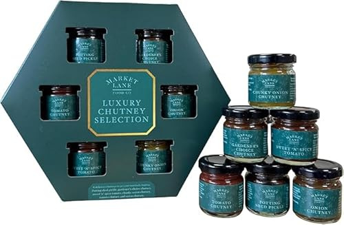 Luxury Chutney Gift Set,Selection of 6 Mini Glass Jars (Sweet & Spicy Tomato, Pickle, Onion, Chunky Onion, Gardener’s Choice, Tomato),Gift for Cheese Boards, Hampers & Christmas Entertaining-N42