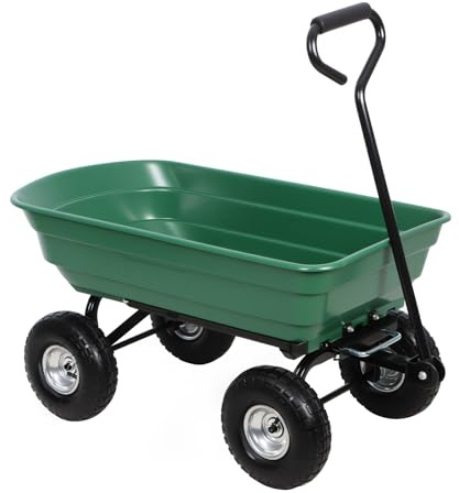Panana Heavy Duty Garden Tipping Cart, 75L Poly Dump Wagon with Tipping Function and Pneumatic Tyres, Quick Release System, Garden Utility Trolley Wheelbarrow for Lawn, Yard and Farm Work Green