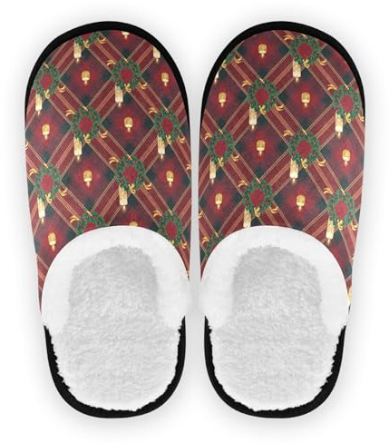 GuoChe hemskor för män kvinnor luddig fleece halkfri sula luddig mjuka husskor inomhus utomhus vinter sovrum M, Julröda rutiga gyllene kransar och ljus, Medium