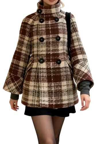 Veste à carreaux pour femme, caban pour femme, veste à carreaux, veste d'hiver habillée à double boutonnage, col montant en tweed, Carreaux rouge foncé, XL