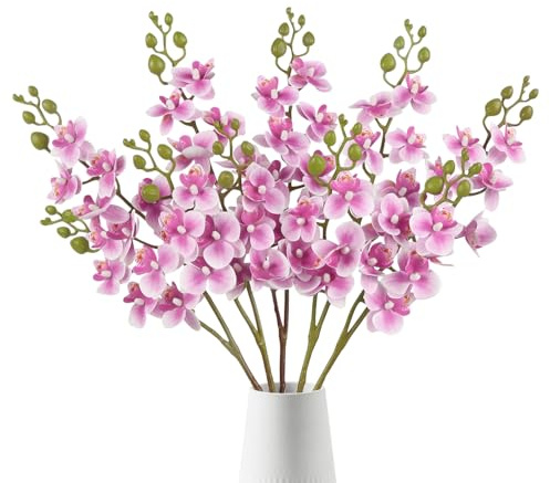 ICBOX 5PCS Hot Pink Orchid Artificial Flowers 2 Branches Fake Orchids Phalaenopsis Flowers with Real Touch Stem for Vase Home Wedding Party Bridal Shower Decoration (Hot Pink)
