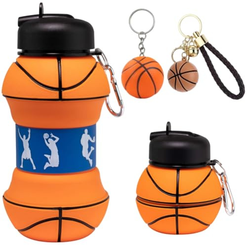 OPVXZAD Borraccia per bambini a tema calcio, 550 ml, pieghevole, in silicone, per sport, con moschettone, portachiavi, borraccia sportiva per ragazzi e adulti (F)