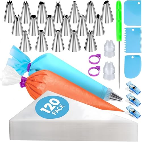 Kit de décoration de gâteaux de 150 pièces, poches à douille et embouts avec 120 poches à douille jetables, 1 poche à douille réutilisable, 18 douilles à douille, 3 grattoirs à gâteau, 2 coupleurs, 2