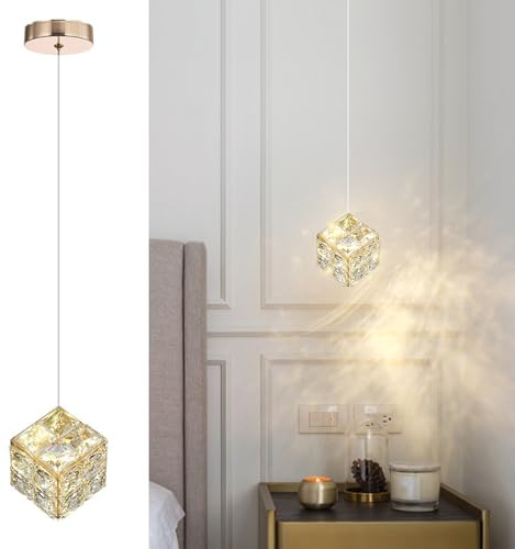 Sxtiger Lámpara Colgante de Cristal Moderna, Luz Colgante De Cristal LED De 3 Colores, Para Isla De Cocina Dormitorio Sala De Estar Iluminación Del Comedor (1-Light, Dorado)