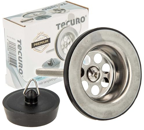tecuro | Tapón de Flujo Universal | para lavabos | con tapón | conexión 1 1/4 hacia Abajo | Dimensiones intermedias de Montaje 7-40 mm | Placa de tamiz de Acero Inoxidable Pulido | 90505