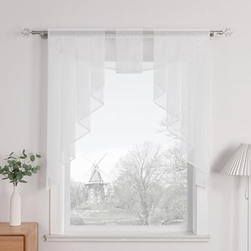 HongYa Zipfelgardine Modern Transparent Plissiert aus Voile mit Tunnelzug | Weiß, H/B 80/80 cm, einteilig, lichtdurchlässig, pflegeleicht, mit langen Seitenteilen, für Küche, Esszimmer und Wohnzimmer
