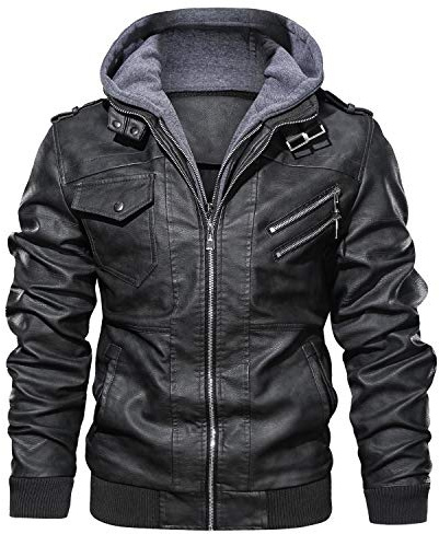 moxishop Giacca da uomo da mezza stagione Biker PU giacca in pelle Bomber moto giacche con cappuccio rimovibile Nero XXXL