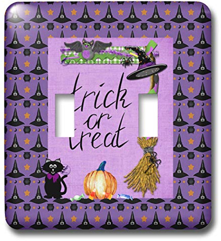 3dRose Beverly Turner Halloween Design - Cat, Bat, Broom, Hat, Pot, and Pumpkin, Black, Purple, Orange, Green - double toggle switch (lsp_325292_2)