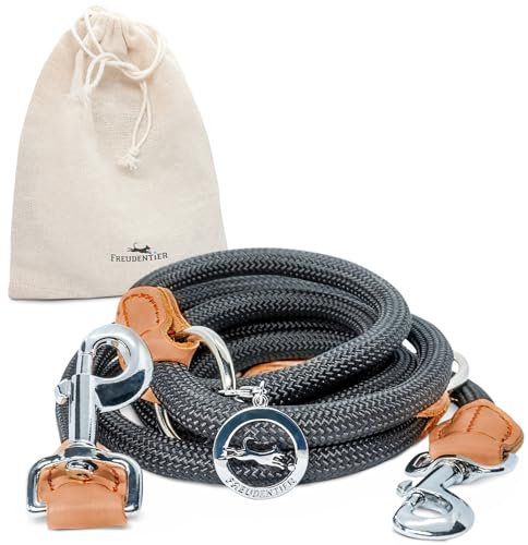 FREUDENTIER Hundeleine 2m - Führleine 3-Fach verstellbar - Robustes Nylon abgerundet mit stilvollen braunen Lederelementen - Leine Hund für mittelgroße & große Hunde (schwarz)