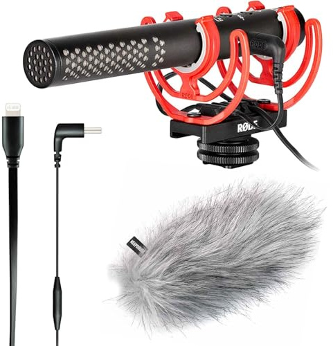 Rode Videomic NTG Broadcast Kamera-Mikrofon + SC15 Anschlusskabel USB-C zu Light-ning + keepdrum Fell-Windschutz