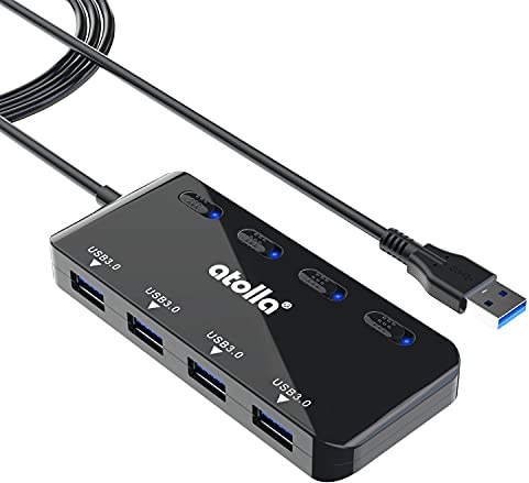atolla 4-Port USB 3.0 Hub, 2 ft Long Cable, Individual LED Power Switches, Ultra Slim USB Extension for PC, MacBook, Mac Pro/Mini, iMac, Surface Pro, USB Flash Drives, etc.
