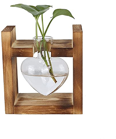 Herzförmige Glasflasche, Innovativer Blumentopf mit Vintage Holzrahmen Transparente Tischvase Dekoration(Vintage-Rahmen +1 Herzflasche)