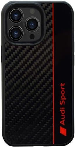 Audi Sport Handyhülle - Kompatibel mit iPhone 13 Pro Max - Stoßabsorbierende Hülle mit Carbon - mit präzisen Aussparungen für Kamera, Anschlüssen & Tasten - Schwarz mit roten Details
