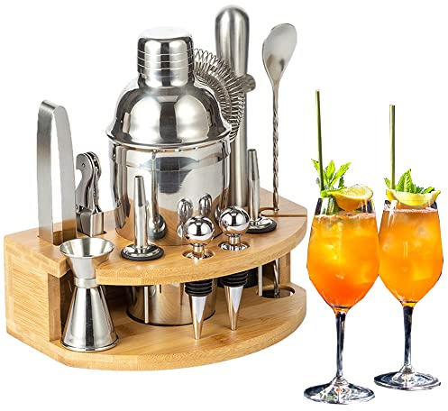 FUYTERY Kit de Barman 12 pièces - Shaker à Cocktail en Acier Inoxydable avec Plateau en Bambou élégant (750ML)