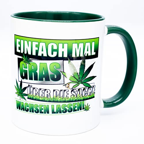 Einfach mal Gras über die Sache Kiffertasse Chill Relax Tasse Becher Geburtstag Geschenk Lustig Idee Witzig mit Spruch Büro Marihuana Weed Cannabis Artikel Kiffer Drogen Zubehör Joint Deko thc Tee