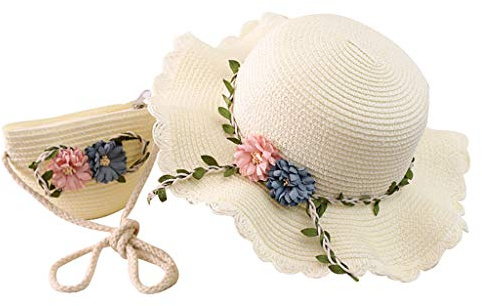 LISfsa Girls Straw Hat 2-8 Age Tourism Sun Hat Flower Children Sun Hat and Bag Set Baby Outdoor Wide Brim Bucket Hats for Kid White, One Size