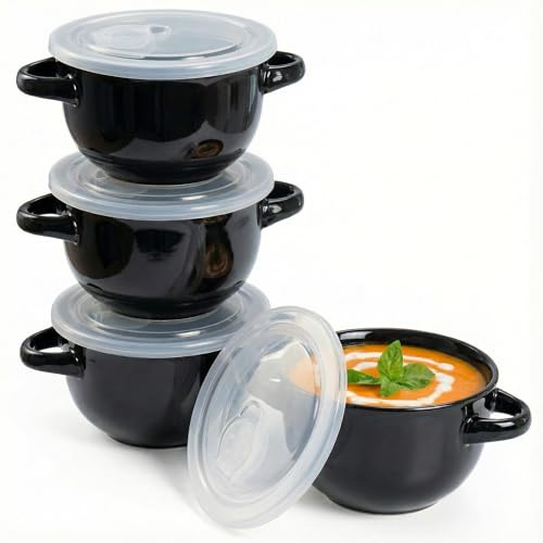 KooK Französische Zwiebelsuppentöpfe mit Griffen, Keramikschalen, für Reis, Dessert, Nudeln, Spülmaschine, Mikrowelle, Backofen und Grill, Schwarz, 4 Stück, 510 ml