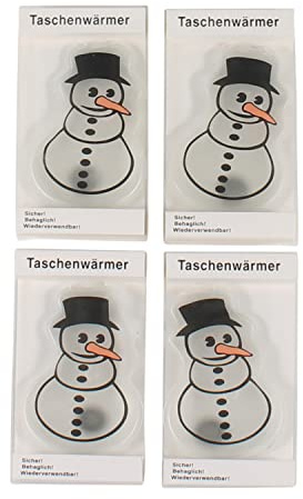 4 Handwärmer mit Schneemann-Motiv und Metallplättchen wiederverwendbar | Taschenwärmer für warme Hände, ideal für Kinder und Erwachsene, Wärmepads für kalte Tage